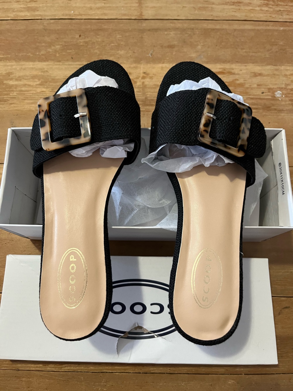 Scoop Black Slide Mules with Tortoiseshell Buckle